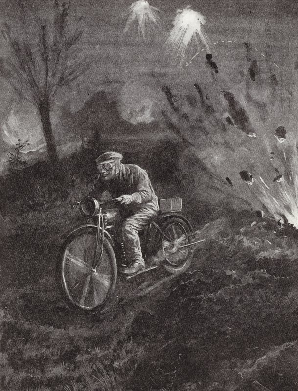Underkorporal C C Parrott bär meddelanden på sin motorcykel längs vägar som svepas av granateld, första världskriget av H. Ripperger