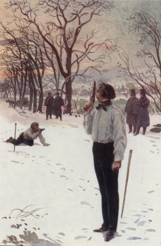 Henri, som stod stilla och täckte ansiktet med sin pistol, väntade (färg litho) av H. Delaspre