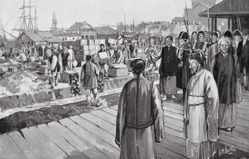 Polischef Lin förstör tusentals kistor med opium (litografi) av H. M. (after) Burton