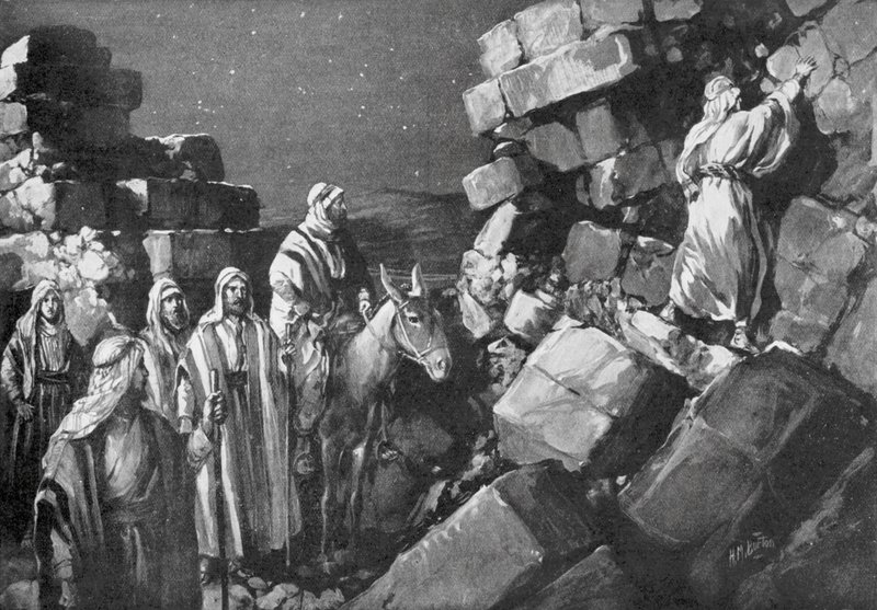 Nehemja undersöker Jerusalems murar, 444 f.Kr (litografi) av H. M. (after) Burton