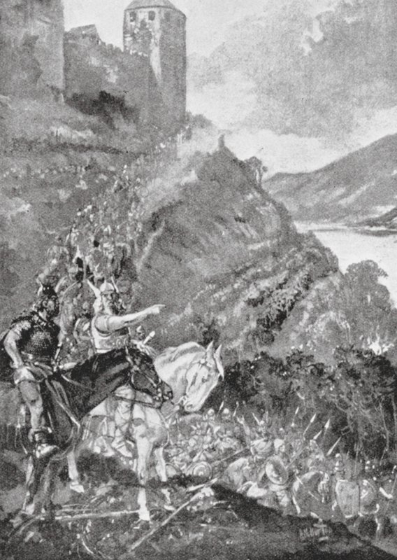 Teutoner och kelter förenas i strävan att driva romarna från Gallien (litografi) av H. M. (after) Burton