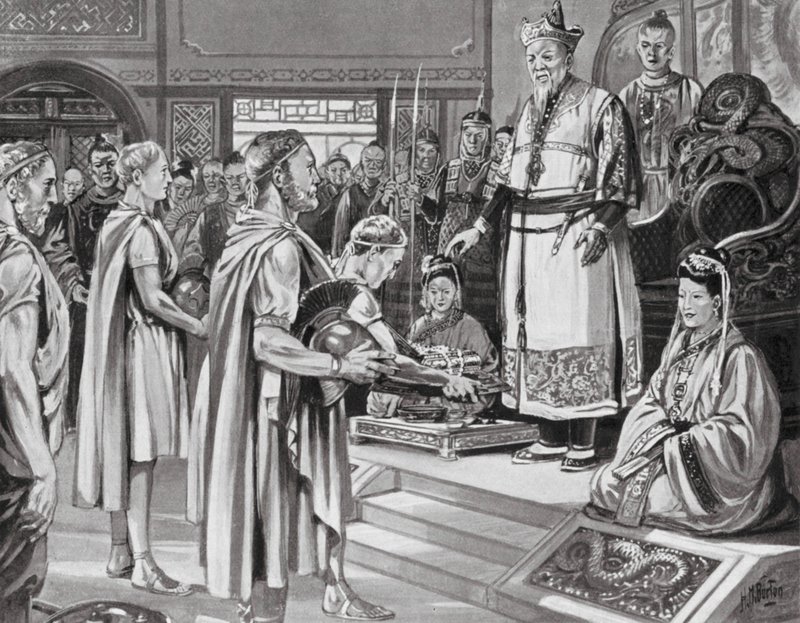 Den kinesiske kejsaren tar emot ett uppdrag (litografi) av H. M. (after) Burton
