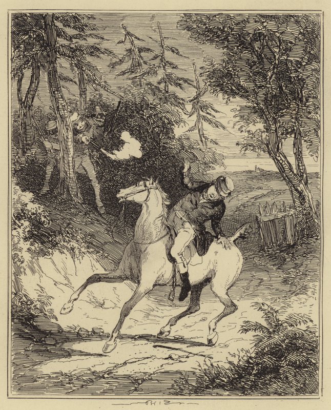 Ludditerna skjuter Mr Horsfall (gravyr) av Hablot Knight (1815 92) (after) Browne