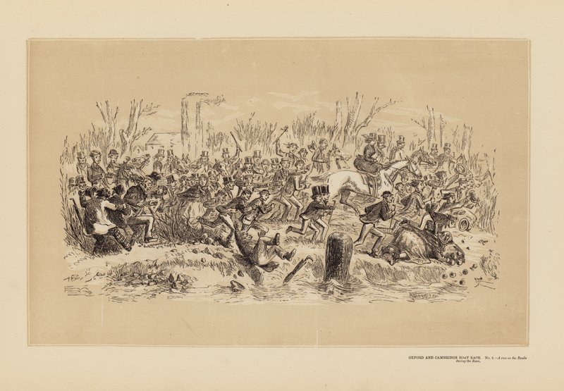 Oxford and Cambridge Boat Race, nr 4, En runda på bankerna under tävlingen (gravyr) av Hablot Knight (1815 92) Browne