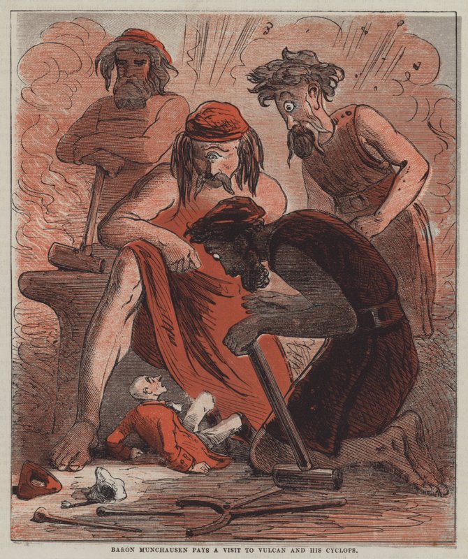 Baron Munchausen gör ett besök hos Vulcan och hans Cyclops (färg litho) av after Hablot Knight Browne