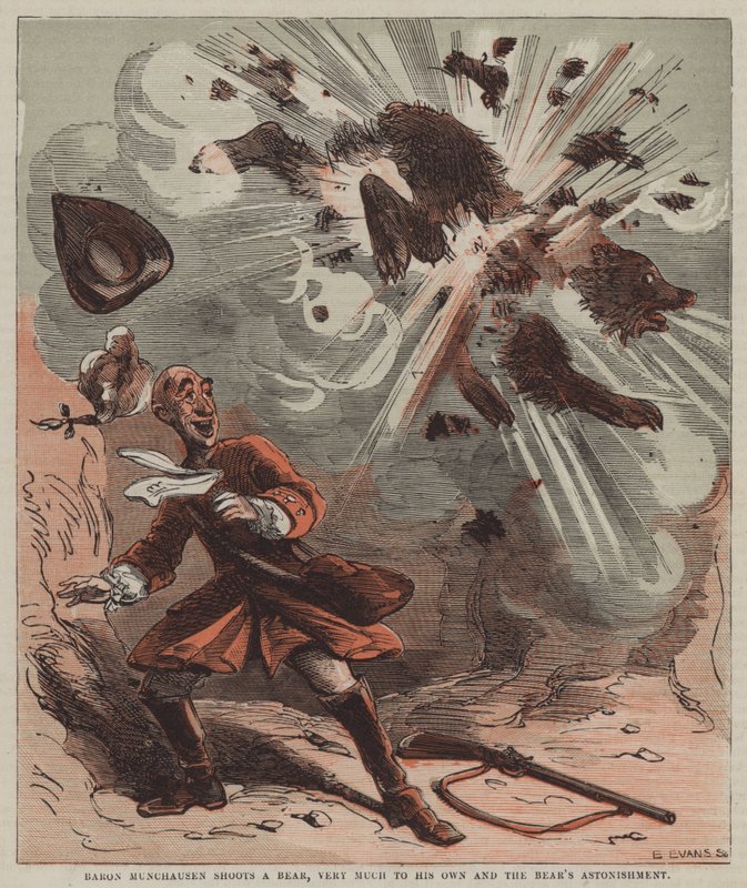 Baron Munchausen skjuter en björn, mycket till sin egen och björnens förvåning (färg litho) av after Hablot Knight Browne
