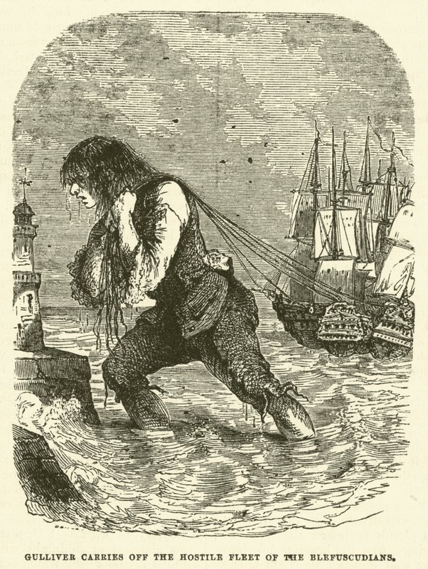 Gulliver bär bort Blefuscudians fientliga flotta (gravyr) av after Hablot Knight Browne
