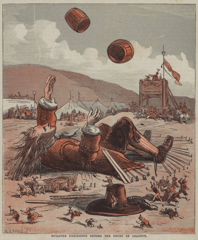 Gulliver ställer ut inför domstolen i Lilliput (färg litho) av after Hablot Knight Browne