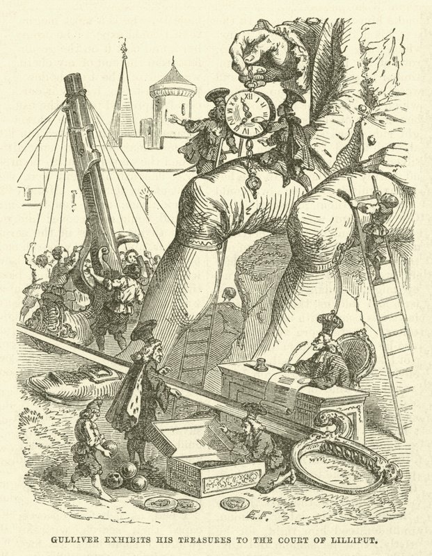 Gulliver ställer ut sina skatter för hovet i Lilliput (gravyr) av after Hablot Knight Browne