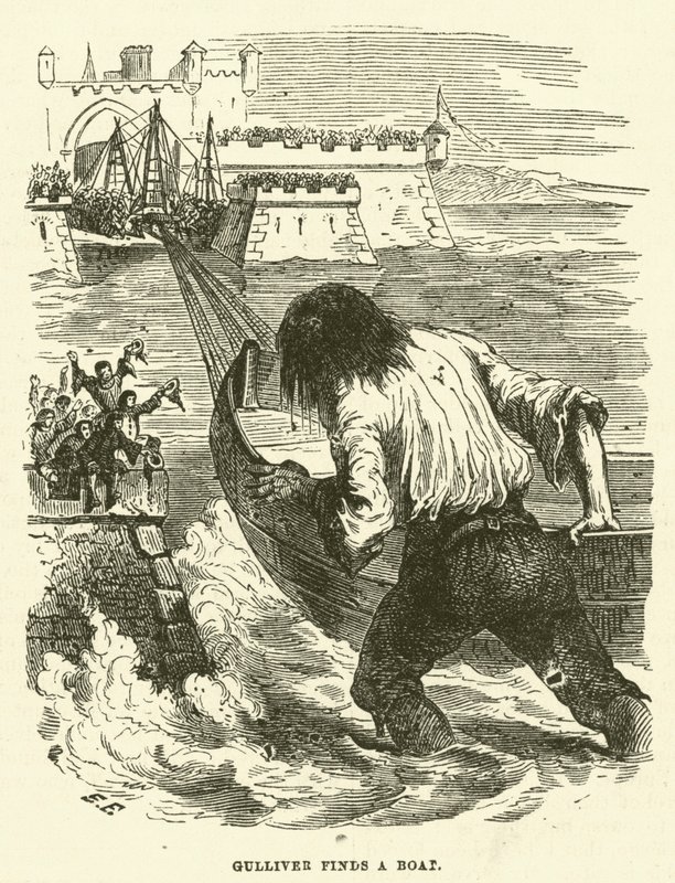 Gulliver hittar en båt (gravyr) av after Hablot Knight Browne