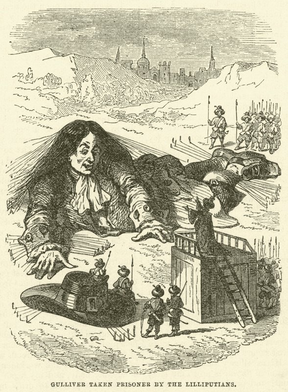 Gulliver tillfångatagen av Lilliputians (gravyr) av after Hablot Knight Browne