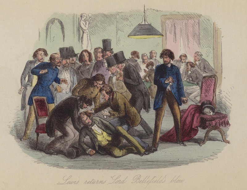 Illustration för Lewis Arundel eller The Railroad of Life av Frank E Smedley (färgad gravyr) av after Hablot Knight Browne