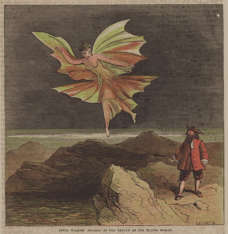 Peter Wilkins glädje över den flygande kvinnans återkomst (färglitografi) av after Hablot Knight Browne