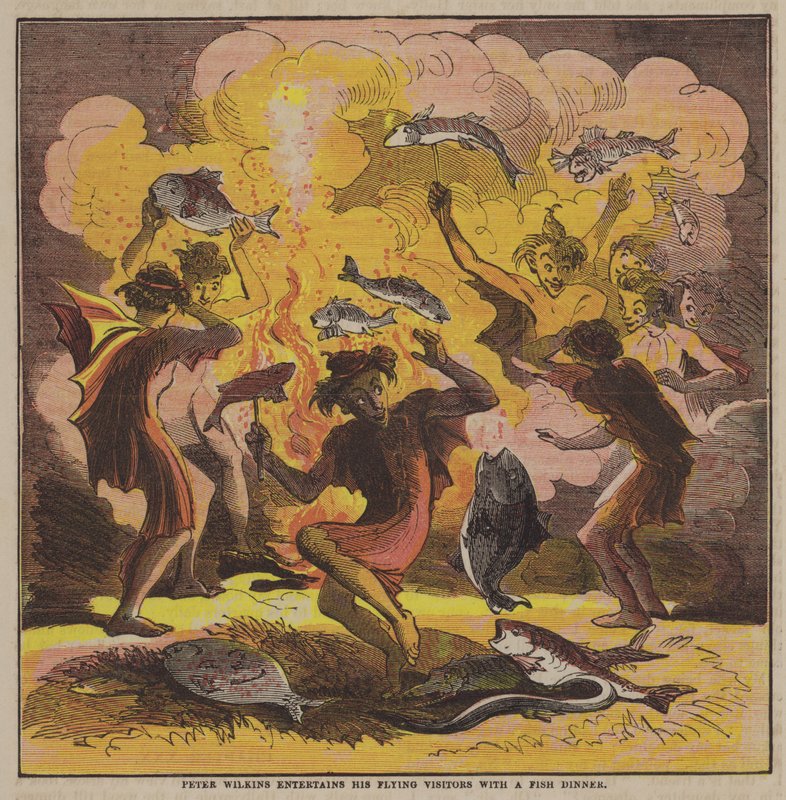 Peter Wilkins underhåller sina flygande besökare med en fiskmiddag (färg litho) av after Hablot Knight Browne