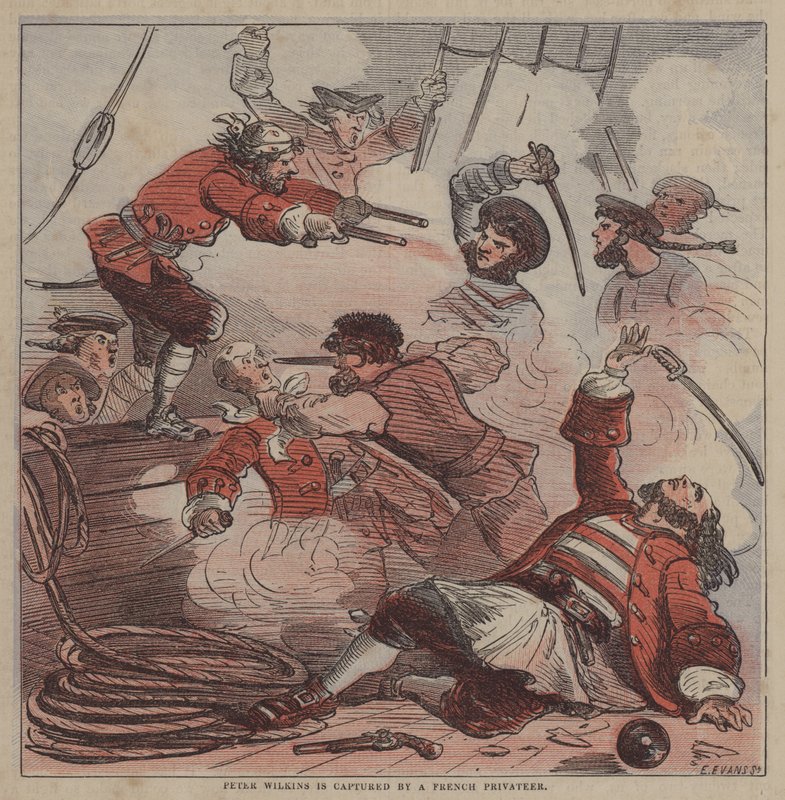 Peter Wilkins fångas av en fransk kapare (färg litho) av after Hablot Knight Browne