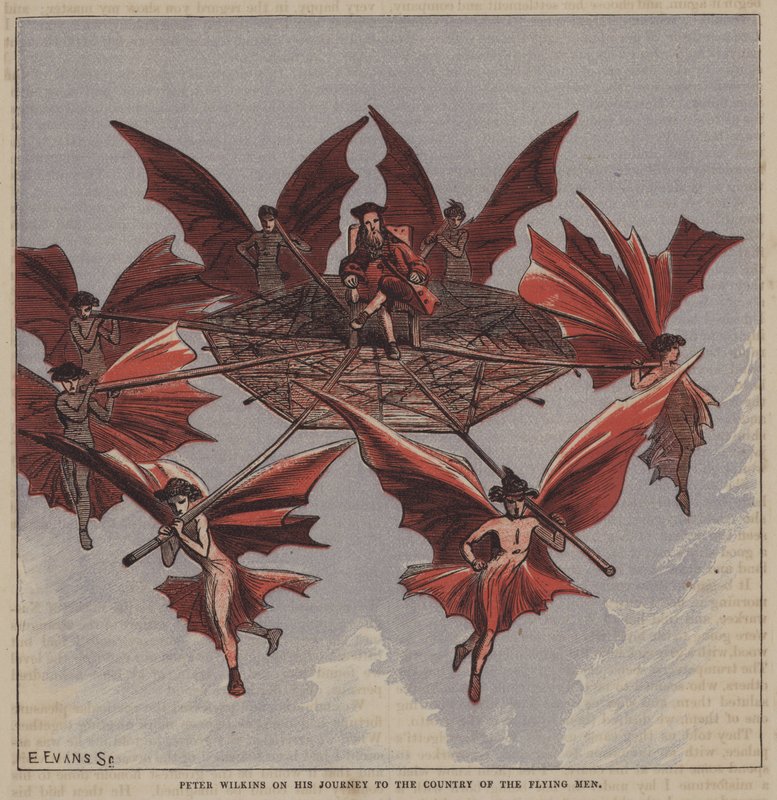 Peter Wilkins på sin resa till de flygande männens land (färg litho) av after Hablot Knight Browne