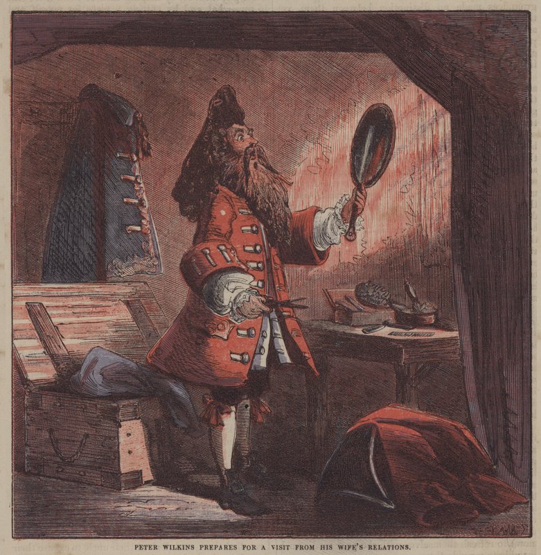 Peter Wilkins förbereder sig för ett besök från sin frus släktingar (färg litho) av after Hablot Knight Browne