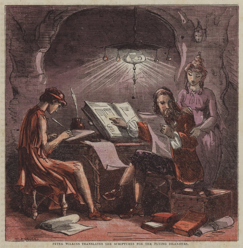 Peter Wilkins översätter skrifterna för Flying Islanders (färg litho) av after Hablot Knight Browne