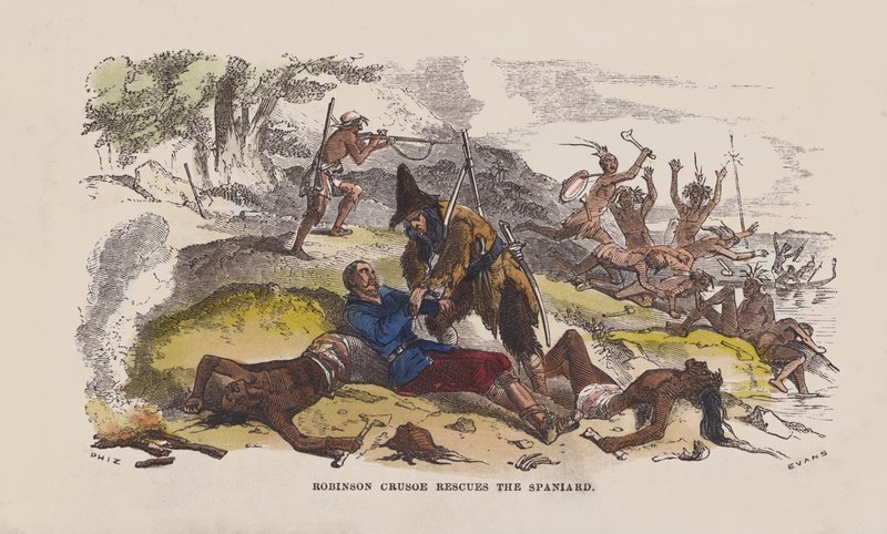 Robinson Crusoe räddar spanjoren (färgad gravyr) av after Hablot Knight Browne