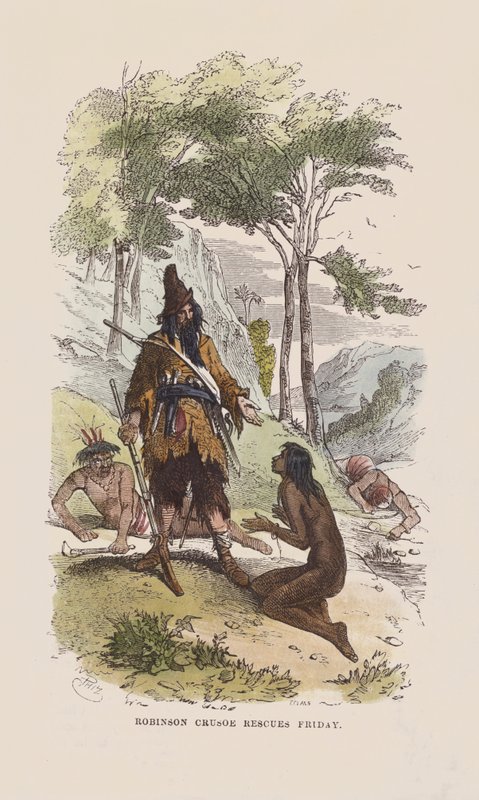 Robinson räddar fredagen (färgad gravyr) av after Hablot Knight Browne