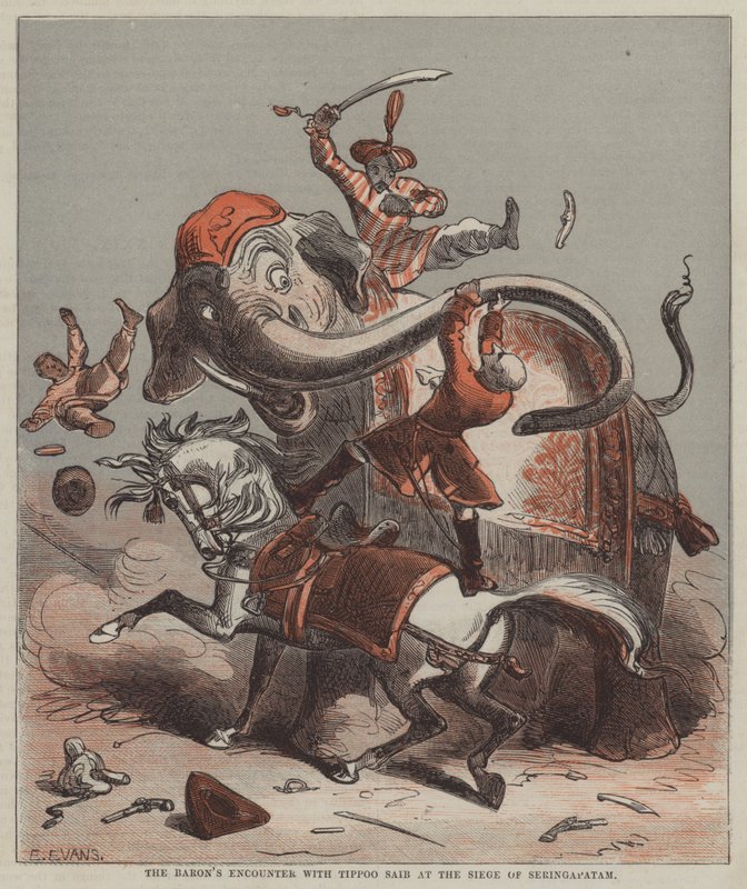 Baronens möte med Tippoo Saib vid belägringen av Seringapatam (färg litho) av after Hablot Knight Browne