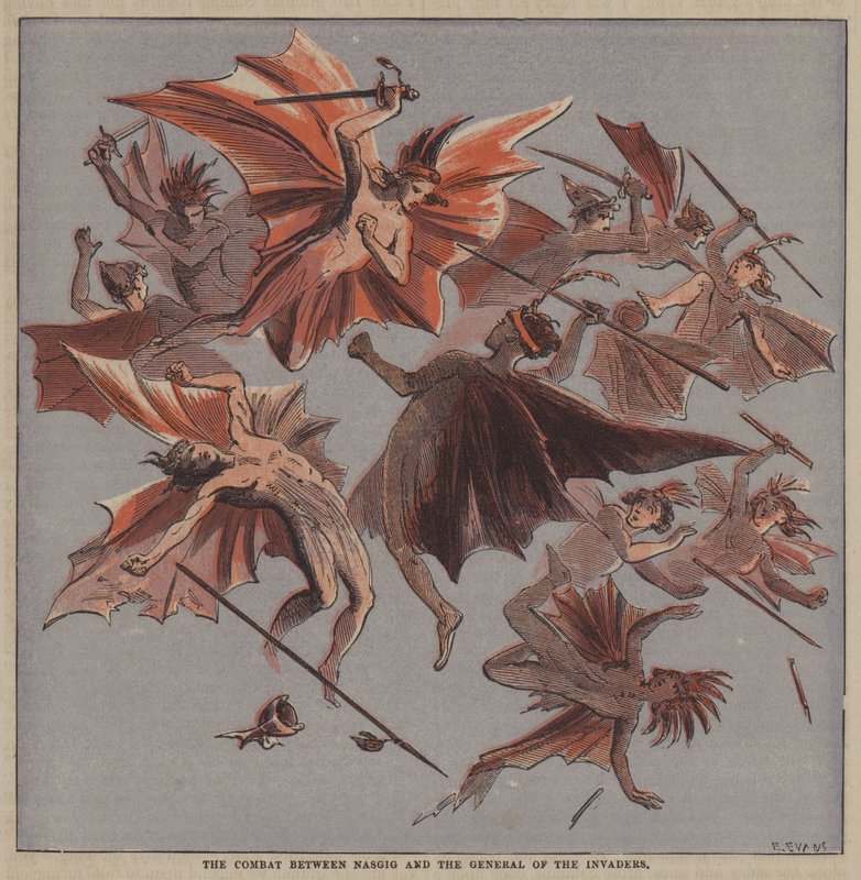 Striden mellan Nasgig och General of the Invaders (färg litho) av after Hablot Knight Browne