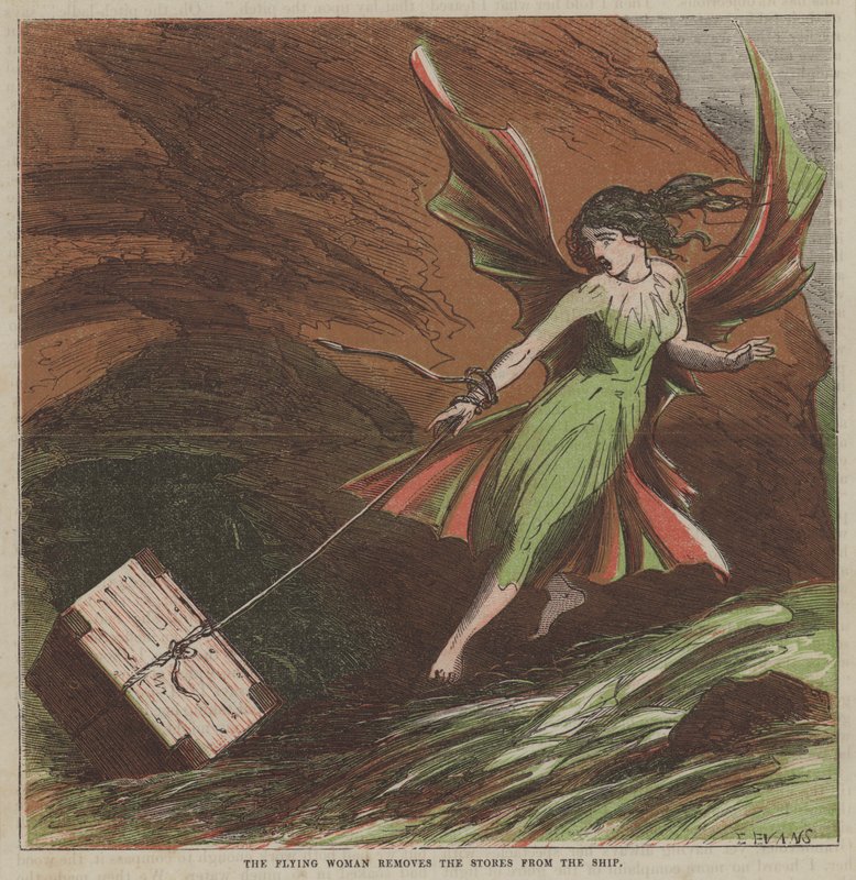 Den flygande kvinnan tar bort förråden från skeppet (färg litho) av after Hablot Knight Browne