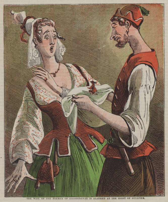 Hustrun till bonden i Brobdingnag är orolig vid åsynen av Gulliver (färg litho) av after Hablot Knight Browne