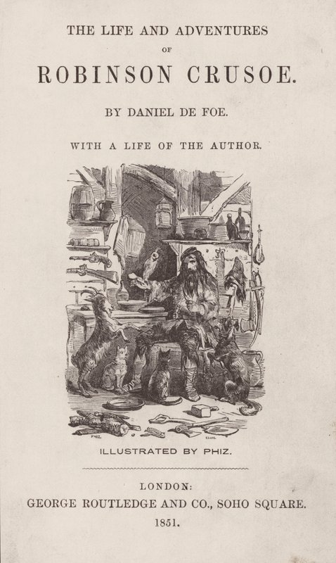 Titelsida för The Life and Adventures of Robinson Crusoe (färgad gravyr) av after Hablot Knight Browne