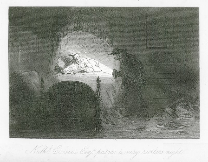 Londons gator: Nathaniel Crosier, Esq, tillbringar en mycket rastlös natt (gravyr) av Hablot Knight (1815-92) Browne