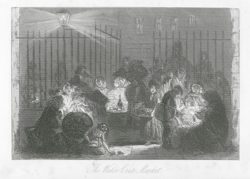 Londons gator: Marknaden för vattenkrasse (gravyr) av Hablot Knight (1815 92) Browne