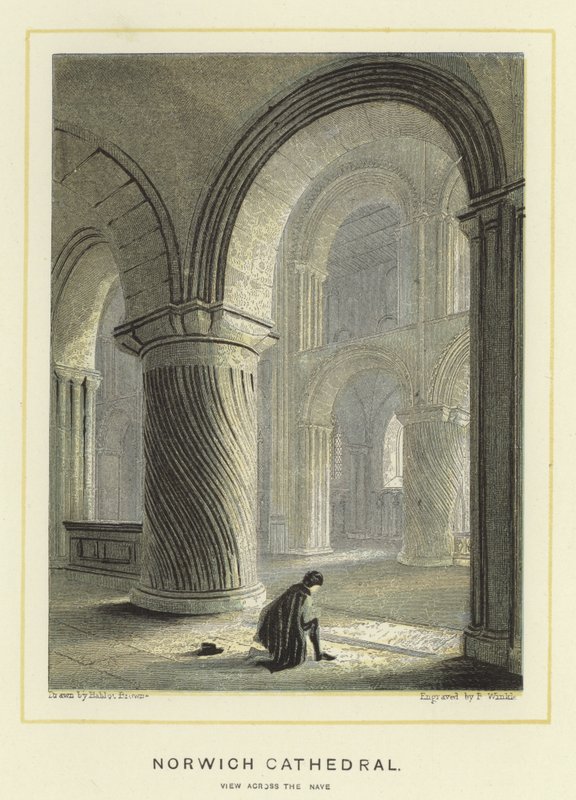 Norwich Cathedral, utsikt över långhuset av Hablot Knight Browne