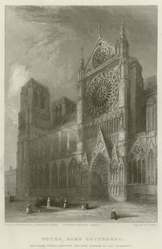 Notre Dame-katedralen, södra fronten, visar transeptets rosenfönster av Hablot Knight Browne