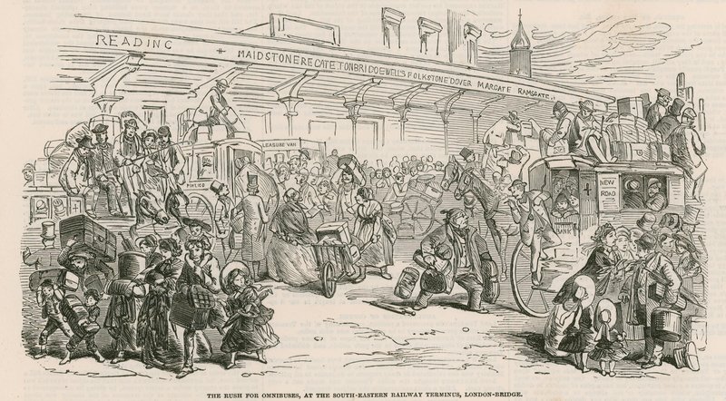 The Great Cab Strike: Rusningen efter omnibussar, vid South-Eastern Railway Terminus, London Bridge av Hablot Knight Browne