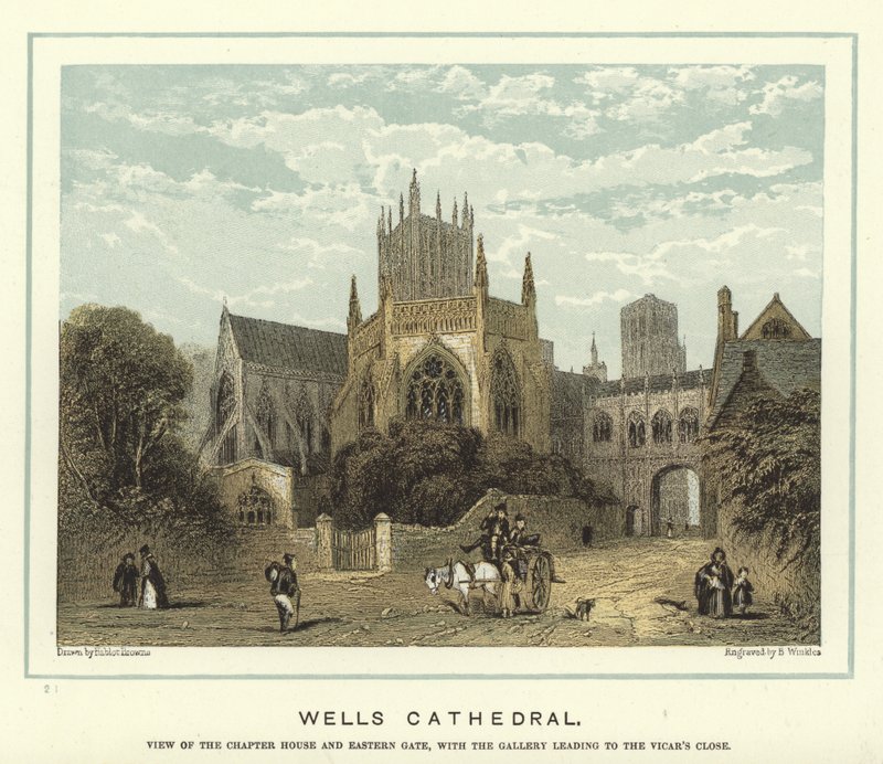 Wells Cathedral, utsikt över kapitelhuset och östra porten, med galleriet som leder till Vicar