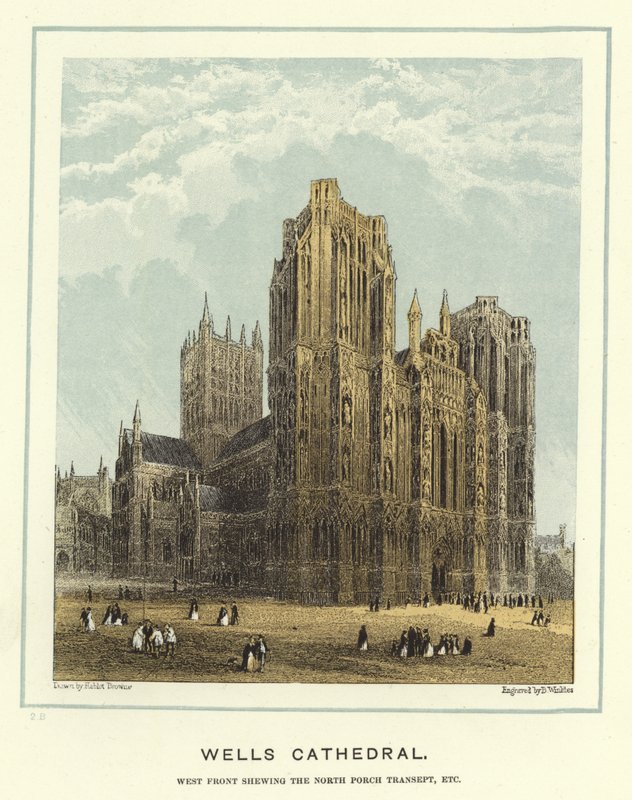 Wells Cathedral, västra fronten som visar norra verandans tvärskepp, etc av Hablot Knight Browne