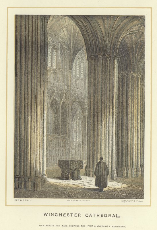 Winchesterkatedralen, vy över skeppet som visar framsidan och Wykehams monument. av Hablot Knight Browne