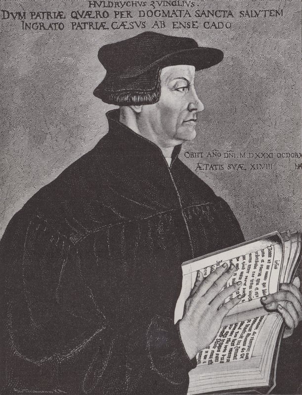 Huldrych Zwingli, ledare för reformationen i Schweiz (gravyr) av Hans (after) Asper