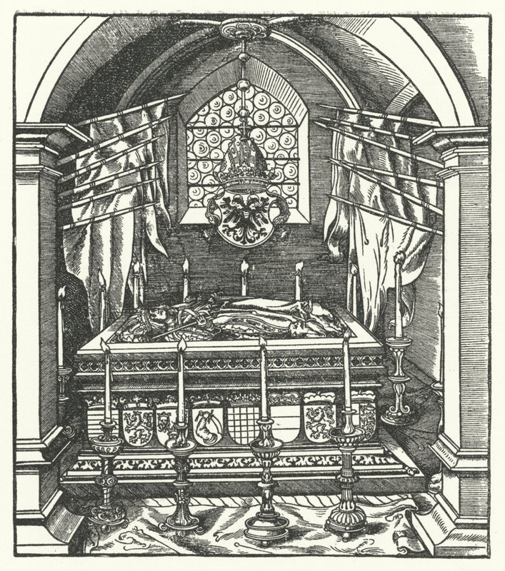 En habsburgsk sarkofag (gravyr) av Hans (after) Burgkmair