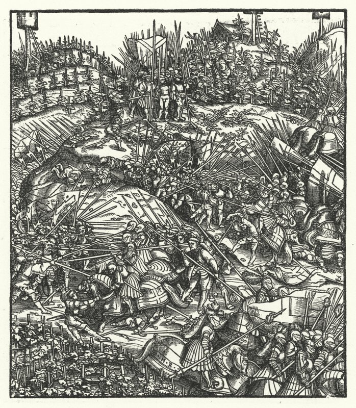 Ärkehertig Maximilian av Österrike och hans armé kämpar mot fransmännen av Hans (after) Burgkmair