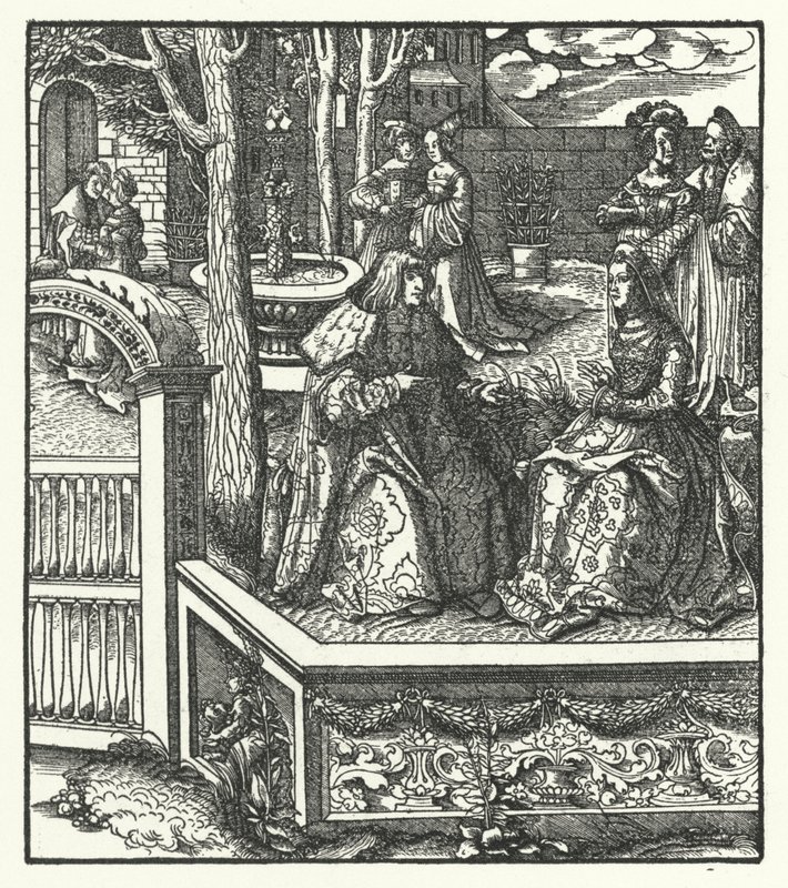 Ärkehertig Maximilian av Österrike och hans fru Maria av Bourgogne lär varandra sina respektive språk (gravyr) av Hans (after) Burgkmair