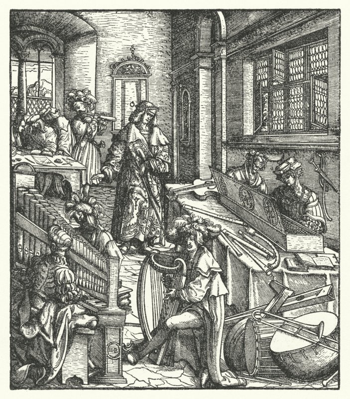 Ärkehertig Maximilian av Österrike som beskyddare av musik (gravyr) av Hans (after) Burgkmair