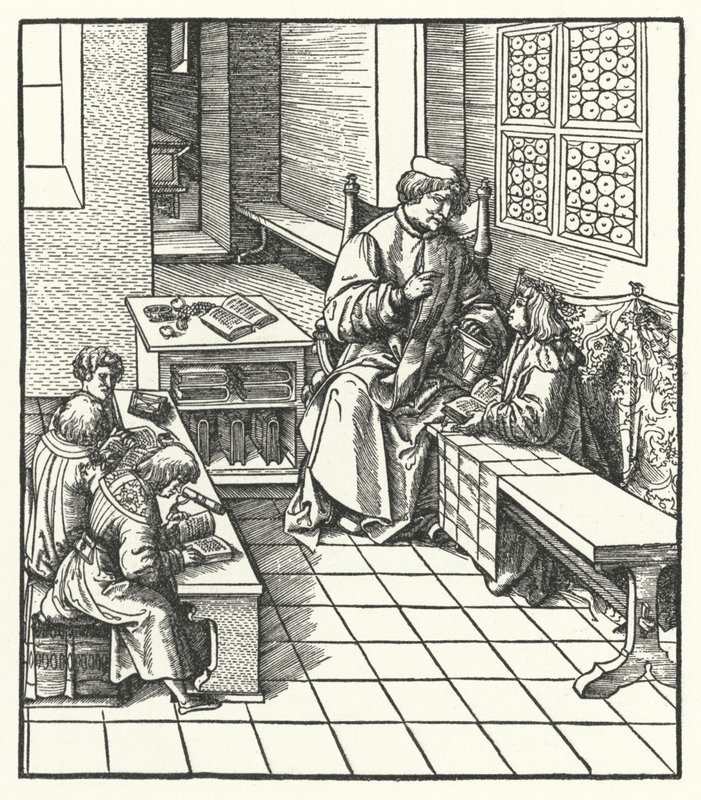 Ärkehertig Maximilian av Österrike i skolan som barn (gravyr) av Hans (after) Burgkmair