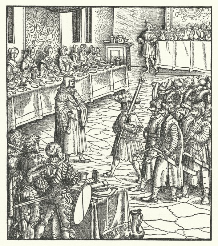 Ärkehertig Maximilian av Österrike regisserar en mummers pjäs (gravyr) av Hans (after) Burgkmair