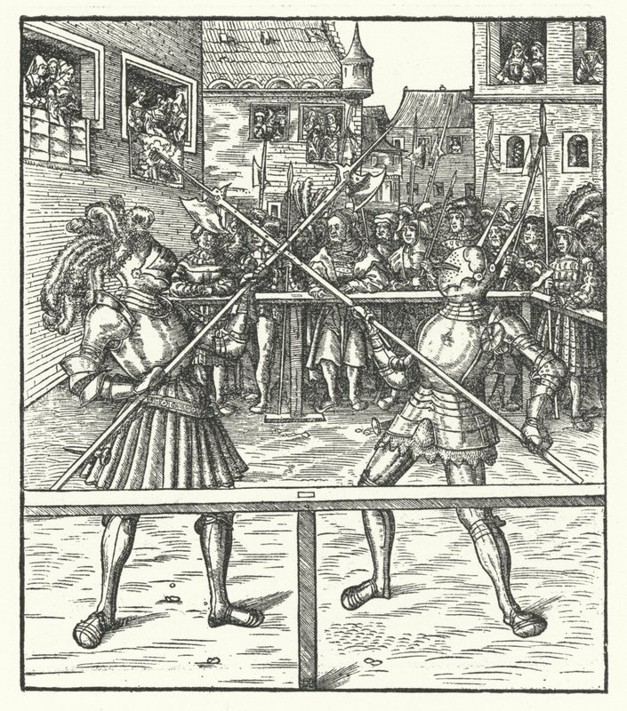 Ärkehertig Maximilian av Österrike slåss till fots med hjälp av en hellebard (gravyr) av Hans (after) Burgkmair