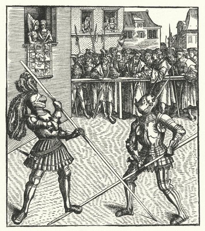 Ärkehertig Maximilian av Österrike slåss till fots med hjälp av en lans (gravyr) av Hans (after) Burgkmair