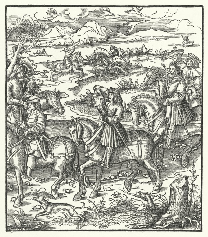 Ärkehertig Maximilian av Österrike jagar hägrar (gravyr) av Hans (after) Burgkmair