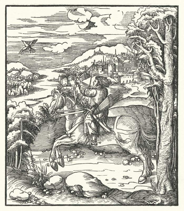 Ärkehertig Maximilian av Österrike på jakt till häst (gravyr) av Hans (after) Burgkmair