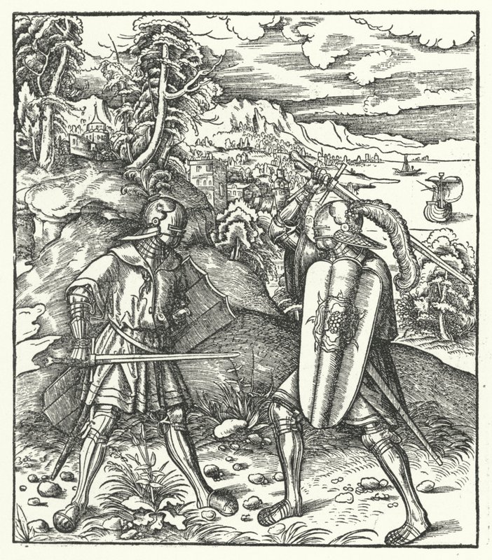 Ärkehertig Maximilian av Österrike i rustning strider med ett svärd (gravyr) av Hans (after) Burgkmair