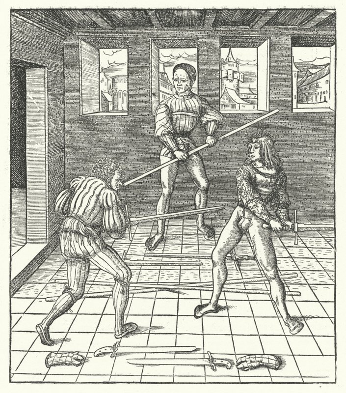 Ärkehertig Maximilian av Österrike lär sig konsten att fäkta (gravyr) av Hans (after) Burgkmair